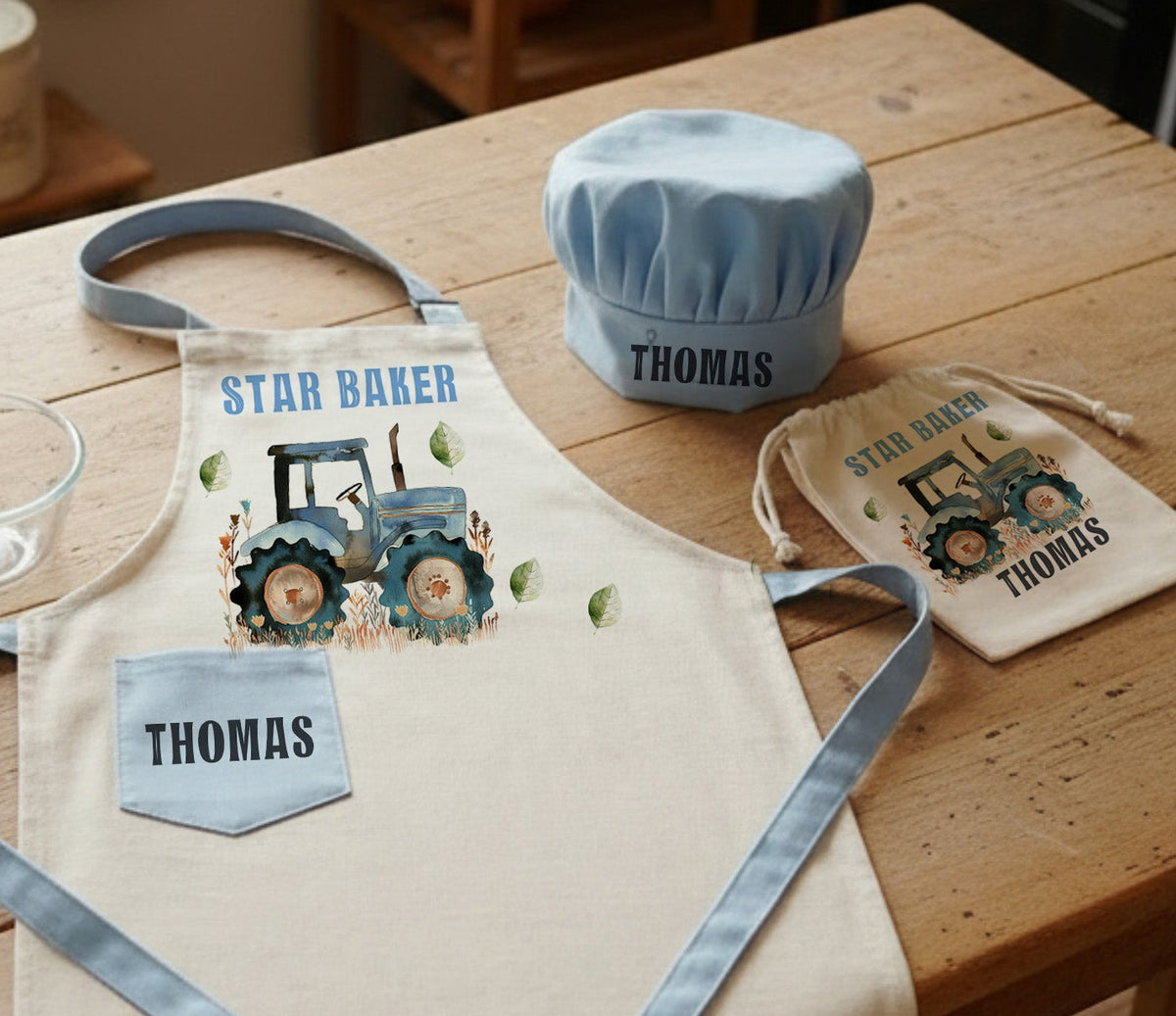 Personalised Kids Tractor Apron & Baking Set - Custom Little Farmer Gift cooking utensils