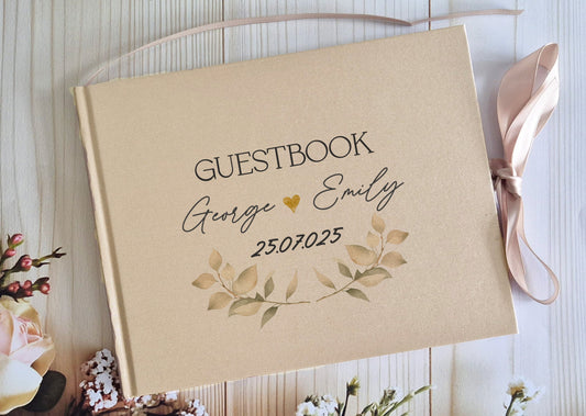 Wedding Couple Leaf Design Golden Beige Personalised Hardcover Guestbook