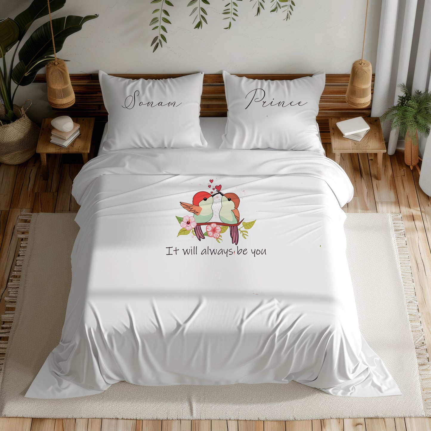 Couple's Adorable Love Birds - Personalised Wedding Gift Duvet Cover Set