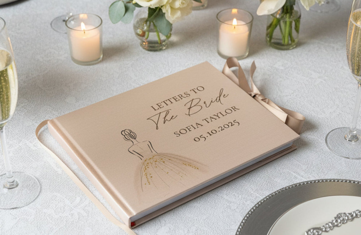 Personalized book titled 'Letters to the Bride' with floral design on cover