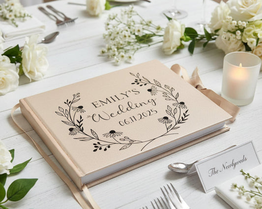 Simple Wedding Black & Golden Beige Personalised Hardcover Guestbook