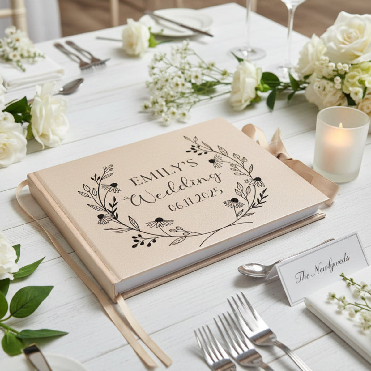 Wedding guest book with floral design on a decorated table with flowers and candles.