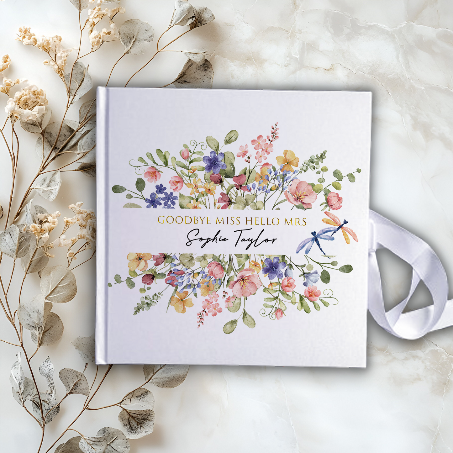 Goodbye Miss hello Mrs  Wedding Floral Guestbook with Ribbon