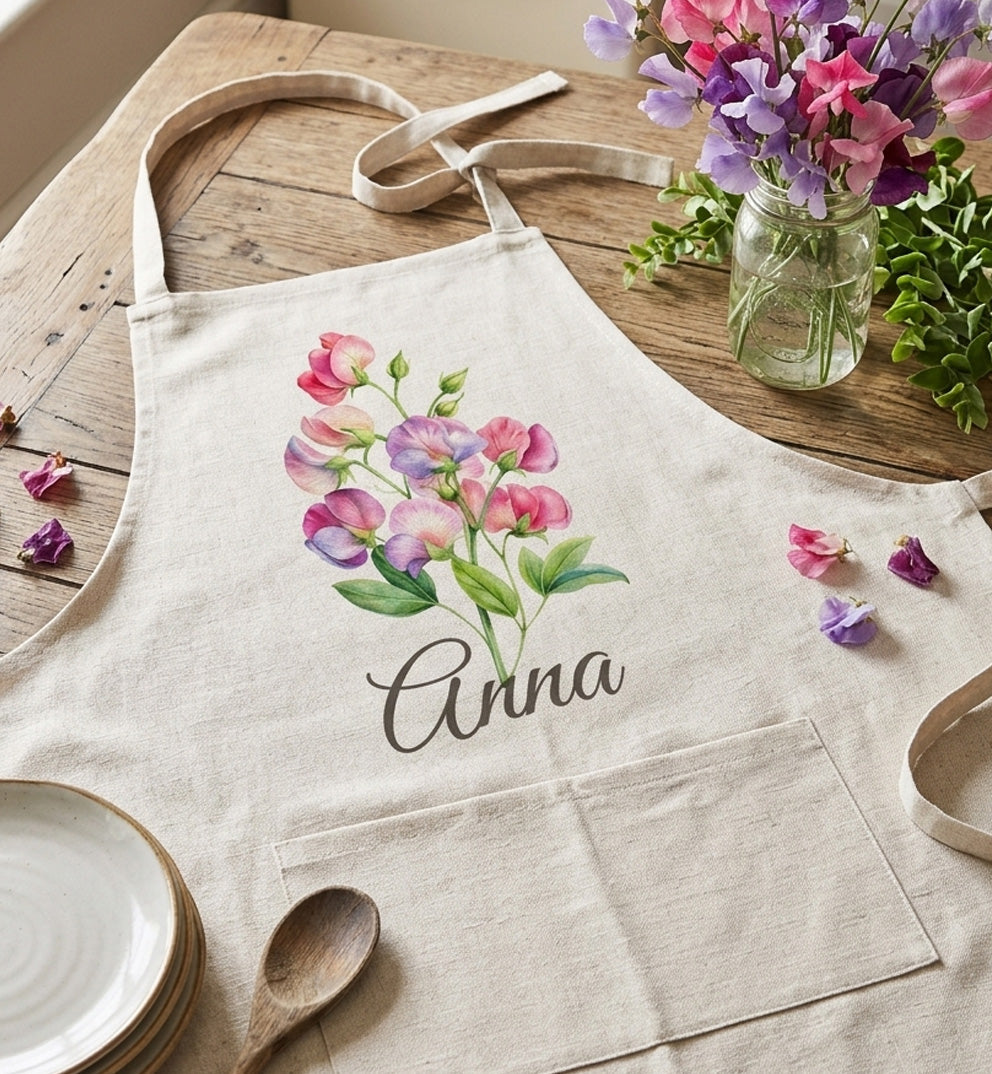 Personalised Birth Flower Linen Apron Custom Name Mom Gift Floral Mother’s Day 2026 Gardening