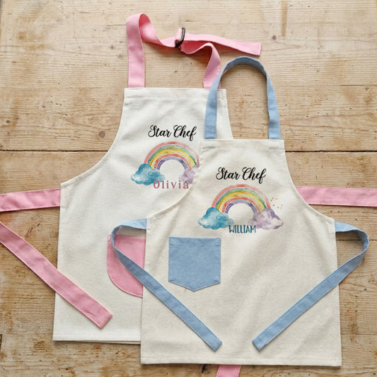 Rainbow Print Personalised Kids Linen Blue pocket Baking Set