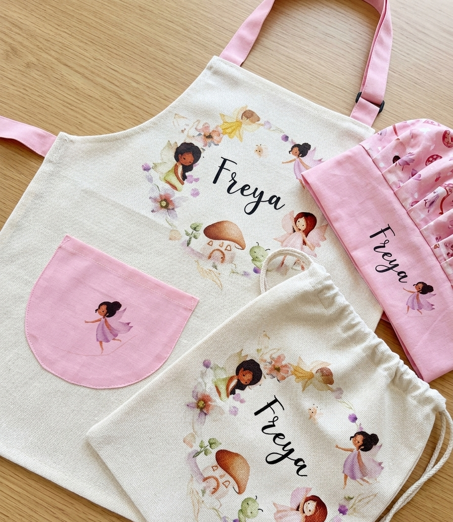 A personalized children's fabric apron set laid flat on a light wood surface, including a cream apron with pink straps and pocket, a matching cream drawstring bag, and a pink drawstring bag. The apron and bag are printed with a fairy-themed circular illustration and the name 'Freya' in black script.