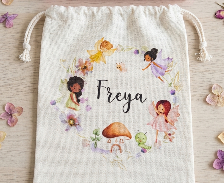 A personalized cream-colored fabric drawstring pouch with a fairy-themed illustration and the name 'Freya' in black script, displayed on a light wood surface with a pink ruffled band above it.