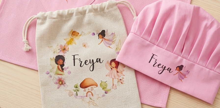 A pink children's apron set laid flat on a round wooden surface, including a pink apron with fairy illustrations and the name 'Freya,' a cream drawstring pouch, and a matching pink chef hat. The set is photographed in a styled flat-lay arrangement with no person or real environment beyond the tabletop backdrop.