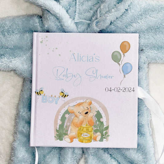 Personalised Rainbow Bear Theme Baby Shower Guestbook with Ribbon