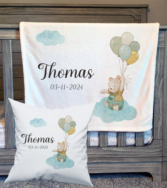 Personalised Cute Bear with Balloon baby Blanket Cushion Set