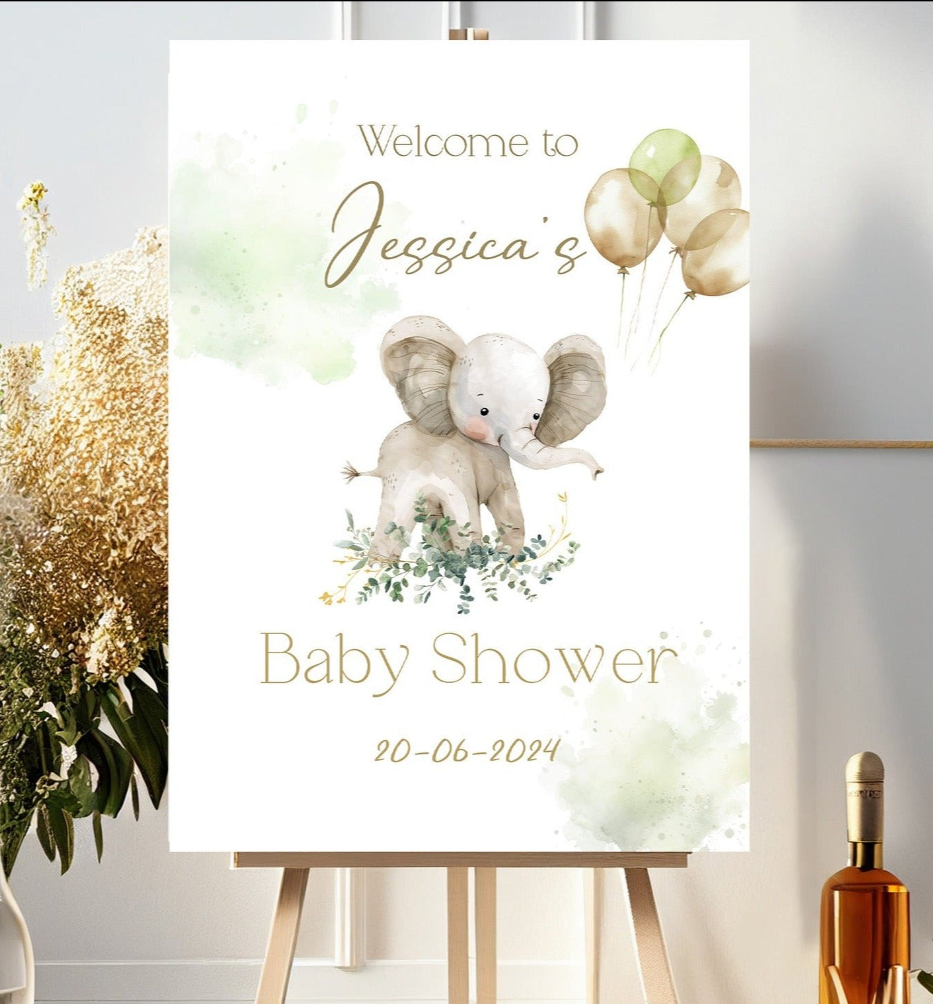 Personalised Gold Theme Elephant Baby Shower Welcome Sign