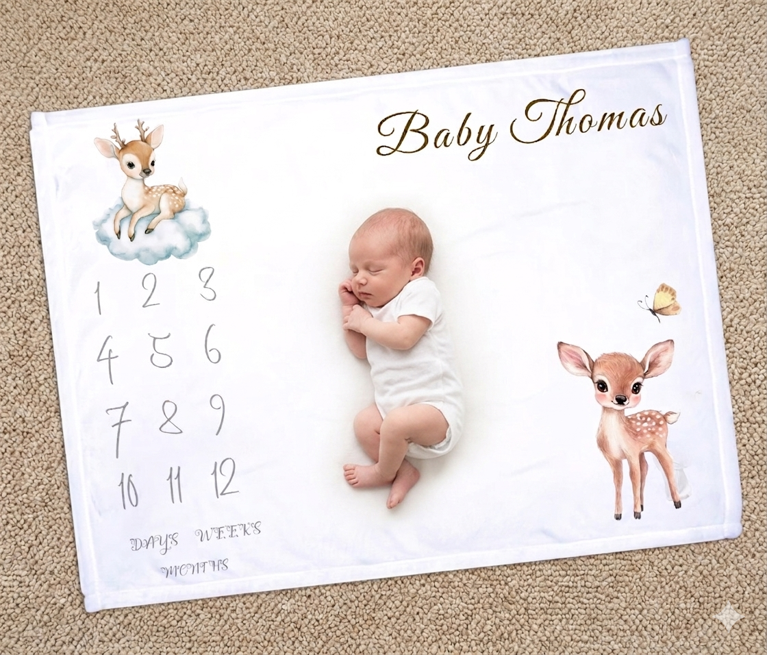 Personalised Baby Milestone Blanket - Custom Fawn Nursery fleece- Woodland Animal Month Blanket Photography Prop