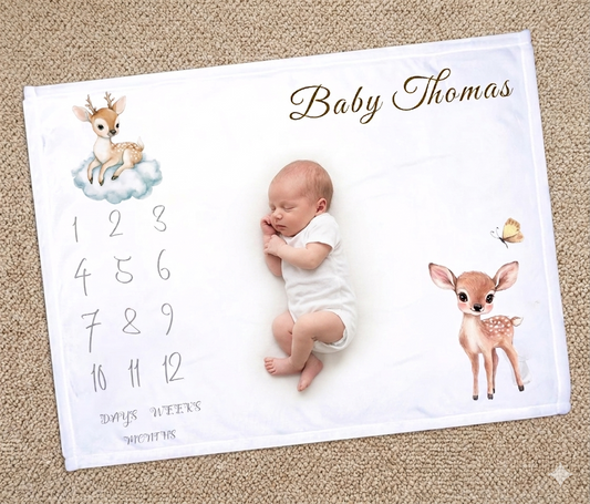 Personalised Baby Milestone Blanket - Custom Fawn Nursery fleece- Woodland Animal Month Blanket Photography Prop