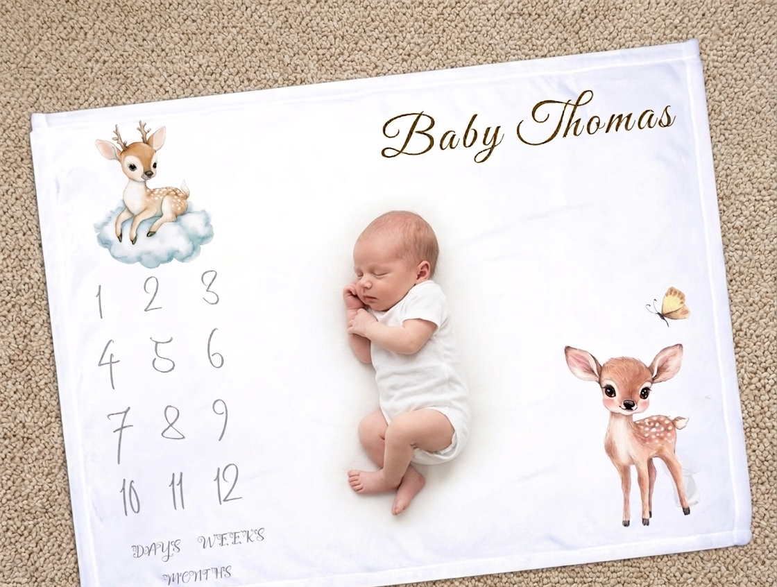 Personalised Baby Milestone Blanket - Custom Fawn Nursery fleece- Woodland Animal Month Blanket Photography Prop