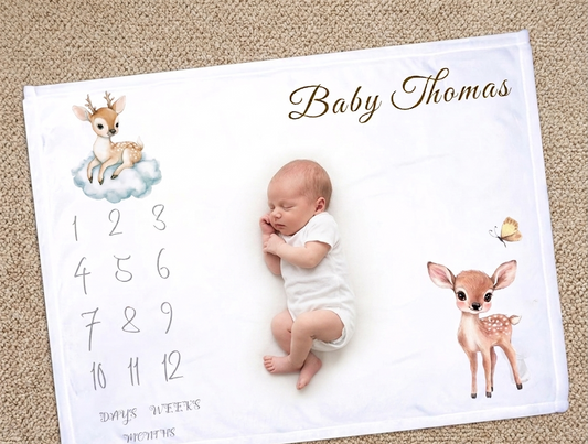 Personalised Baby Milestone Blanket - Custom Fawn Nursery fleece- Woodland Animal Month Blanket Photography Prop