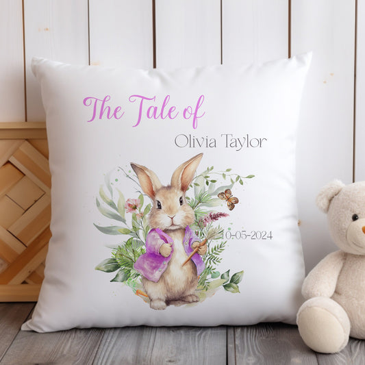 Pink Floral  Bunny Personalised Christening Gift Cushion