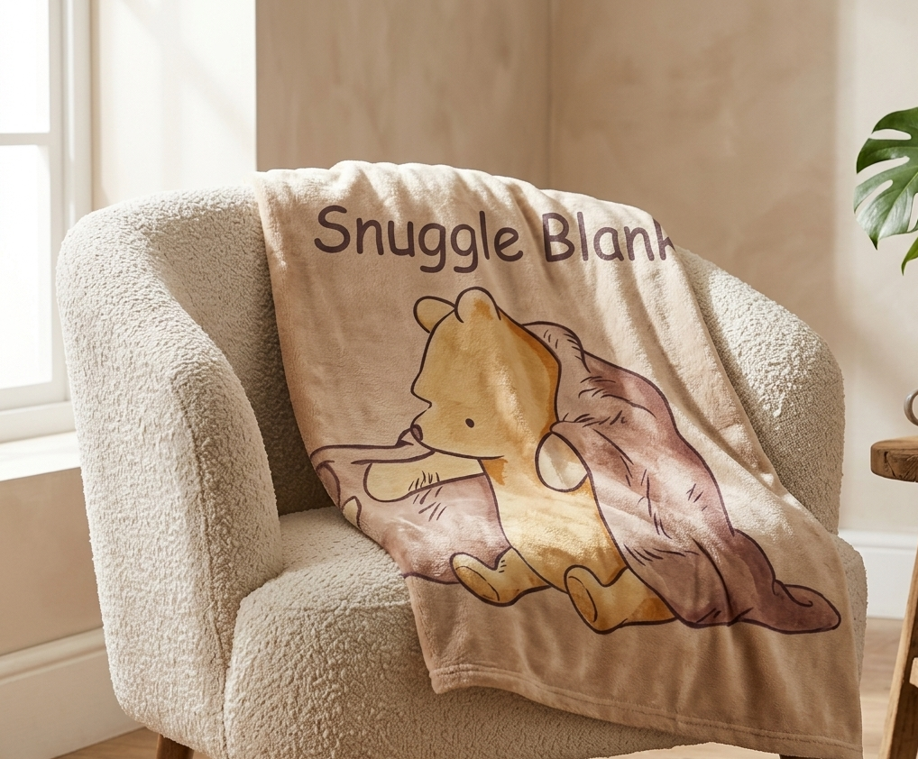 A cozy beige armchair in a warm room setting with sunlight, draped with a plush throw blanket printed with the words 'Snuggle Blank' and a cartoon bear illustration. A small wooden side table with a mug and a potted plant sits to the right.