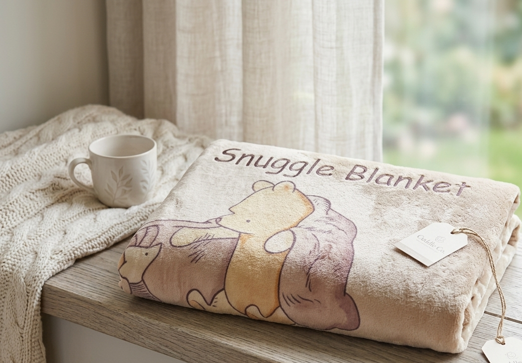 A folded cream-colored plush blanket with a Winnie the Pooh bear design and the words 'Snuggle Blanket' printed on it, resting on a wooden windowsill next to a white mug. A window with sheer curtains and a blurred green garden background are visible.