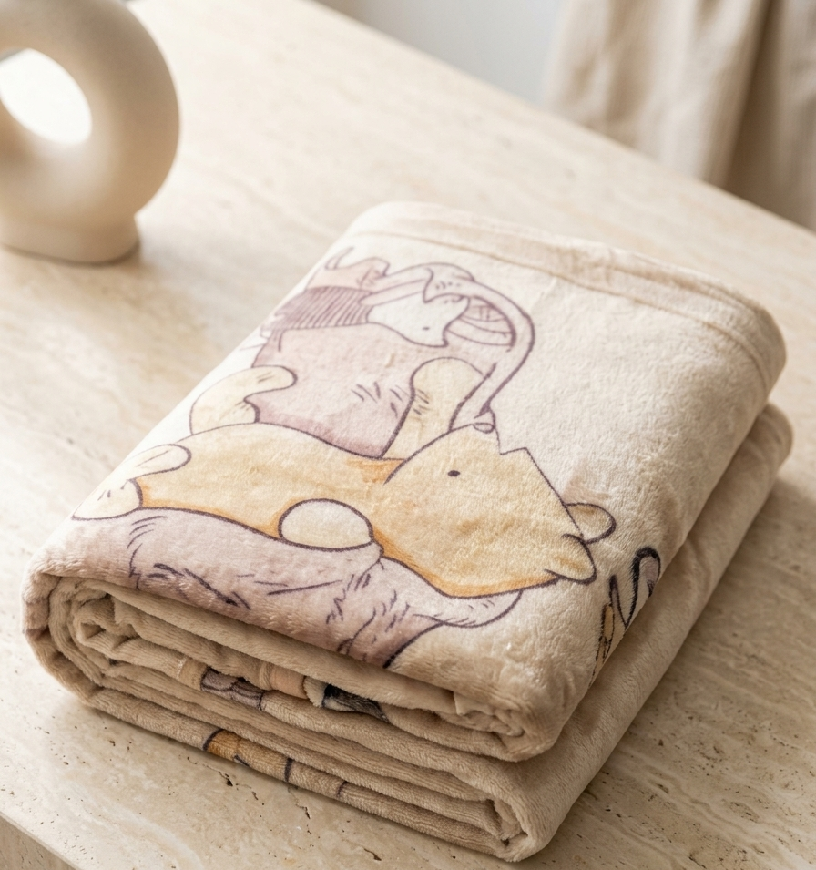 A folded plush blanket with a cartoon bear print in soft beige, tan, and muted pink tones, resting on a light stone surface.