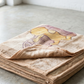 A folded beige blanket with a yellow cartoon character printed on the top, resting on a concrete floor near a window.