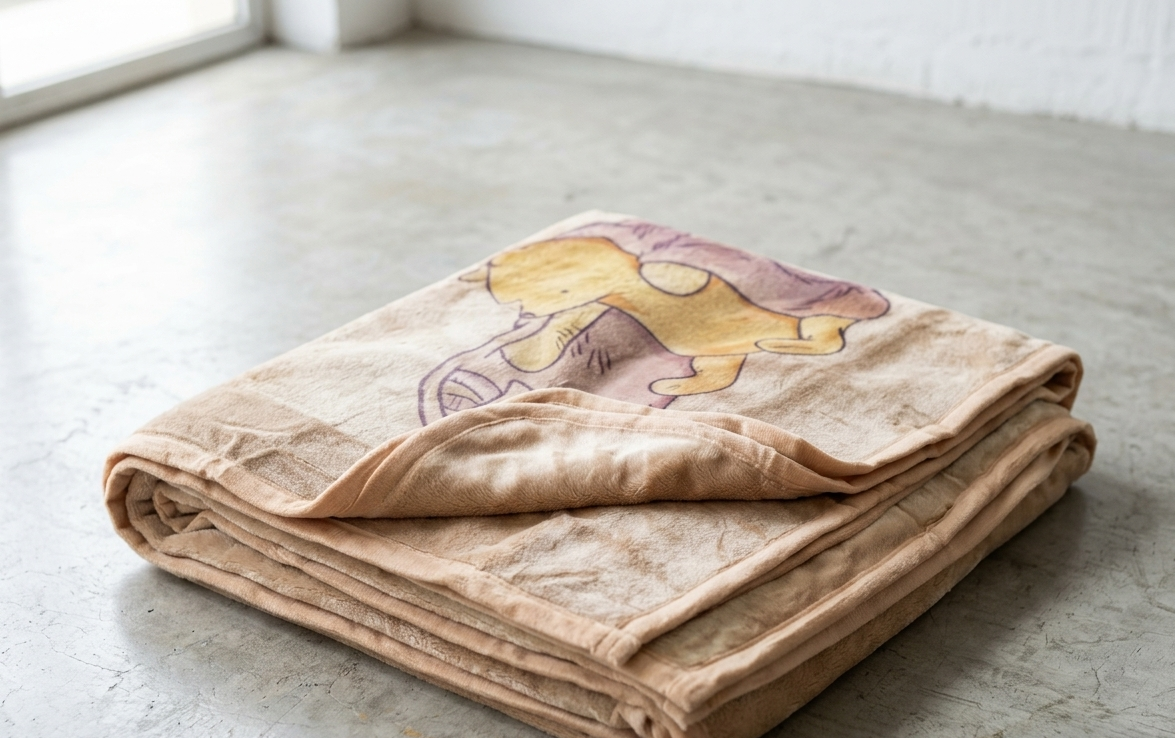 A folded beige blanket with a yellow cartoon character printed on the top, resting on a concrete floor near a window.