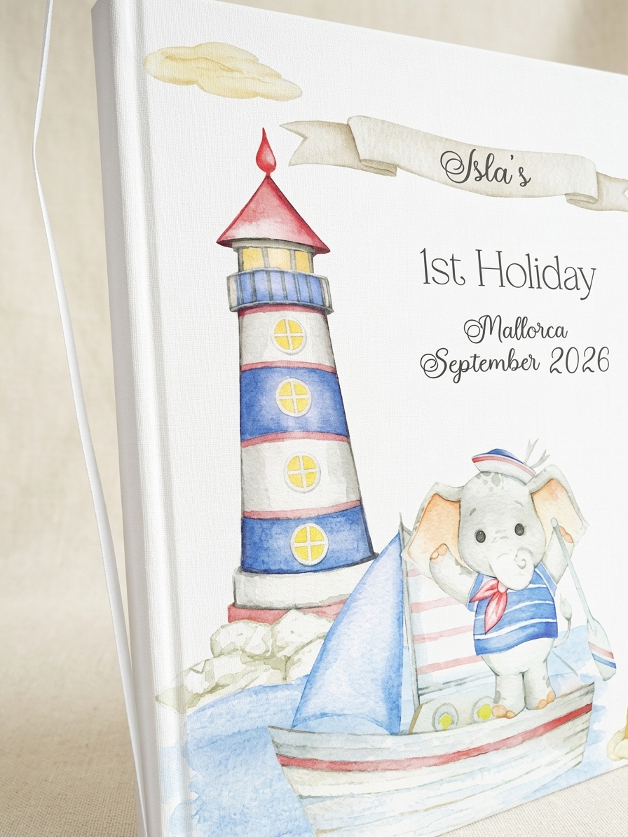 Personalised First Holiday Elephant Sailor  Memory Book with Ribbon