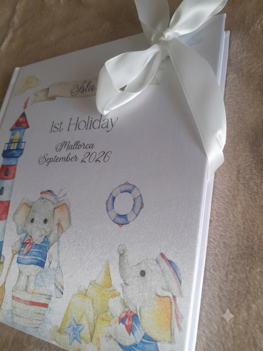 Personalised First Holiday Elephant Sailor  Memory Book with Ribbon