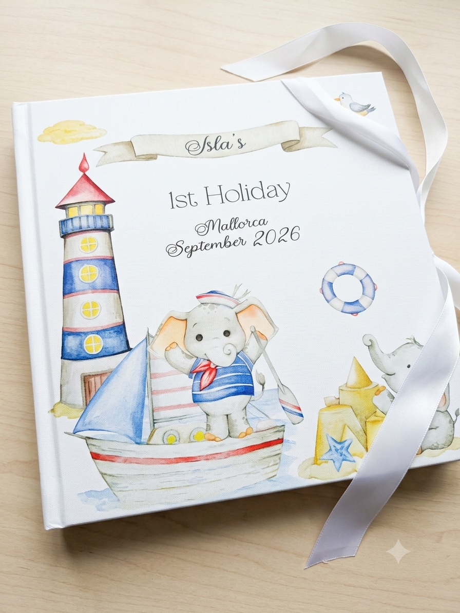 Personalised First Holiday Elephant Sailor  Memory Book with Ribbon