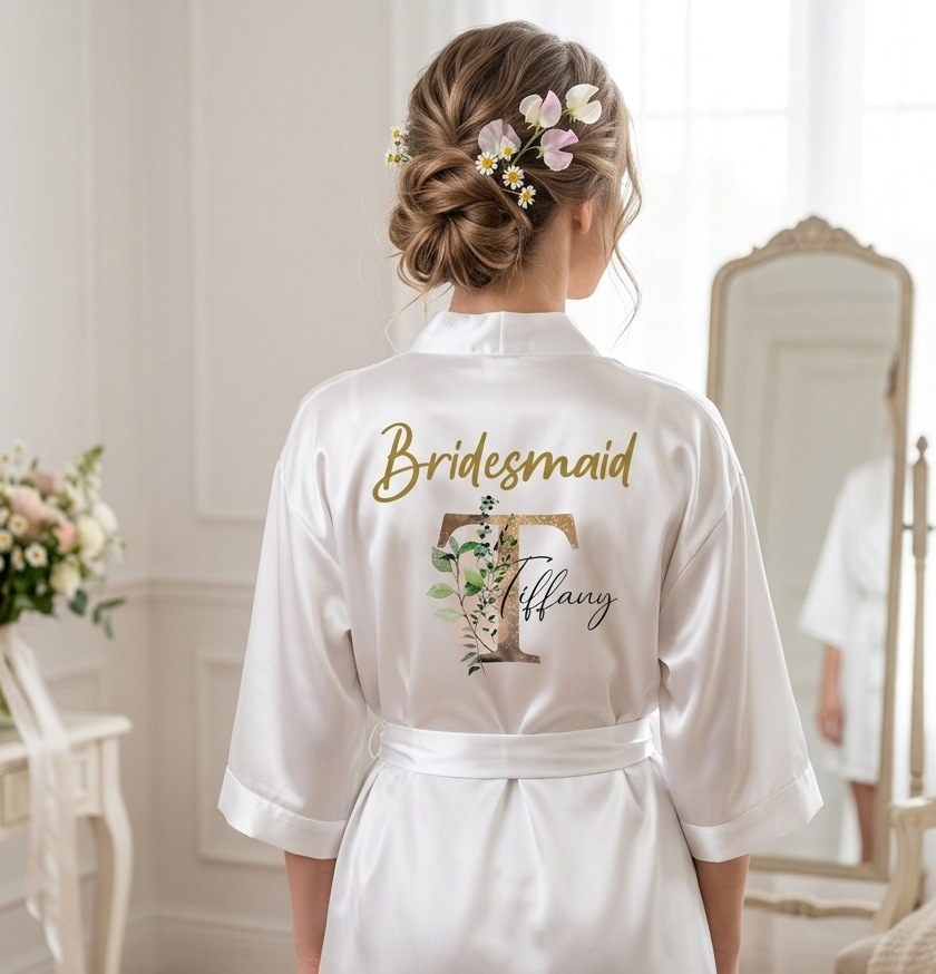 Personalised Bridesmaid Satin Robe – Custom Botanical Monogram Wedding – PrintMeAMemory