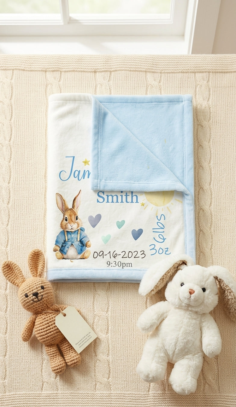 Personalised Baby Blanket Blue Rabbit Custom Name New-born Keepsake Gift Nursery Bedding Boy gift