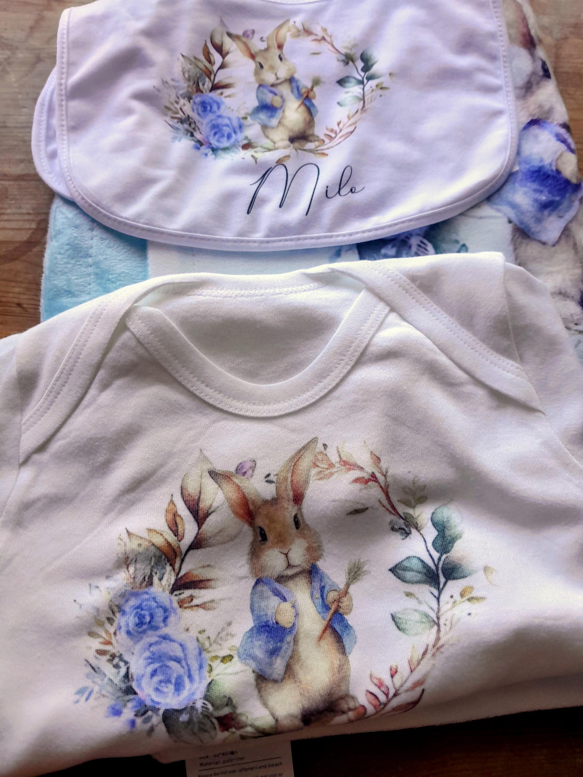 Personalised Blue Rabbit Baby Blanket | Custom Name Romper | New Baby Gift