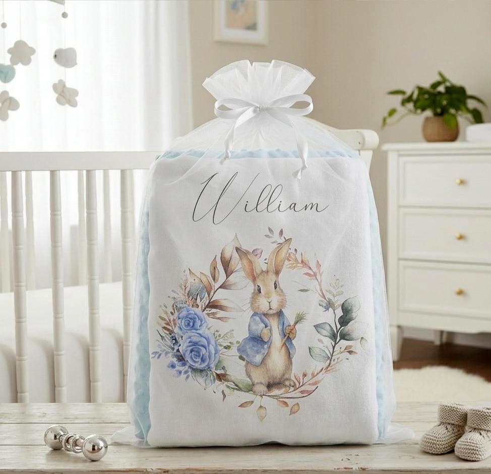 Personalised Blue Rabbit Baby Blanket | Custom Name Romper | New Baby Gift