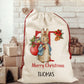 Personalised Christmas bunny Gift Bag, Custom Name Holiday Sack, Santa rabbit Pouch, Festive linen Fabric