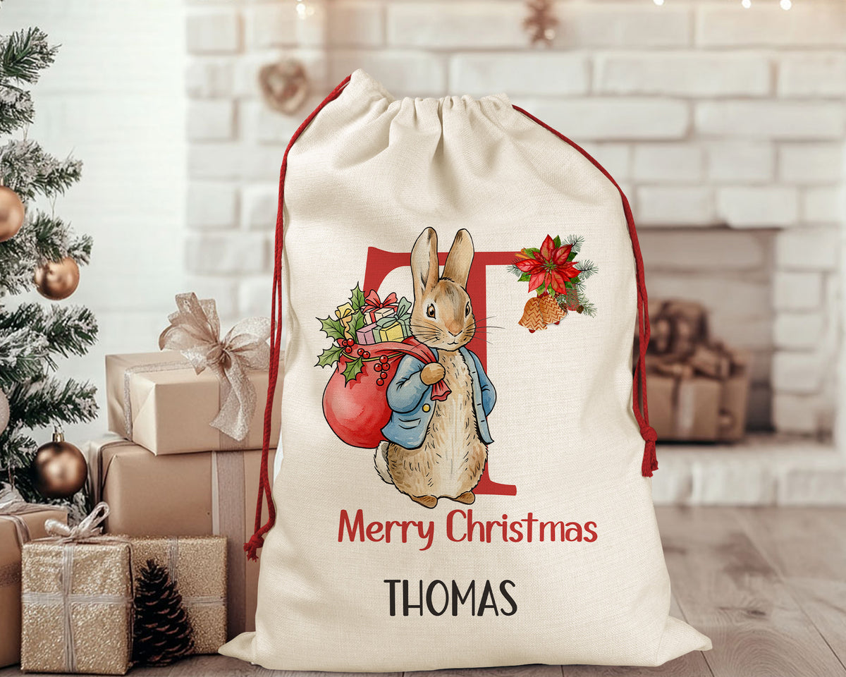 Personalised Christmas bunny Gift Bag, Custom Name Holiday Sack, Santa rabbit Pouch, Festive linen Fabric