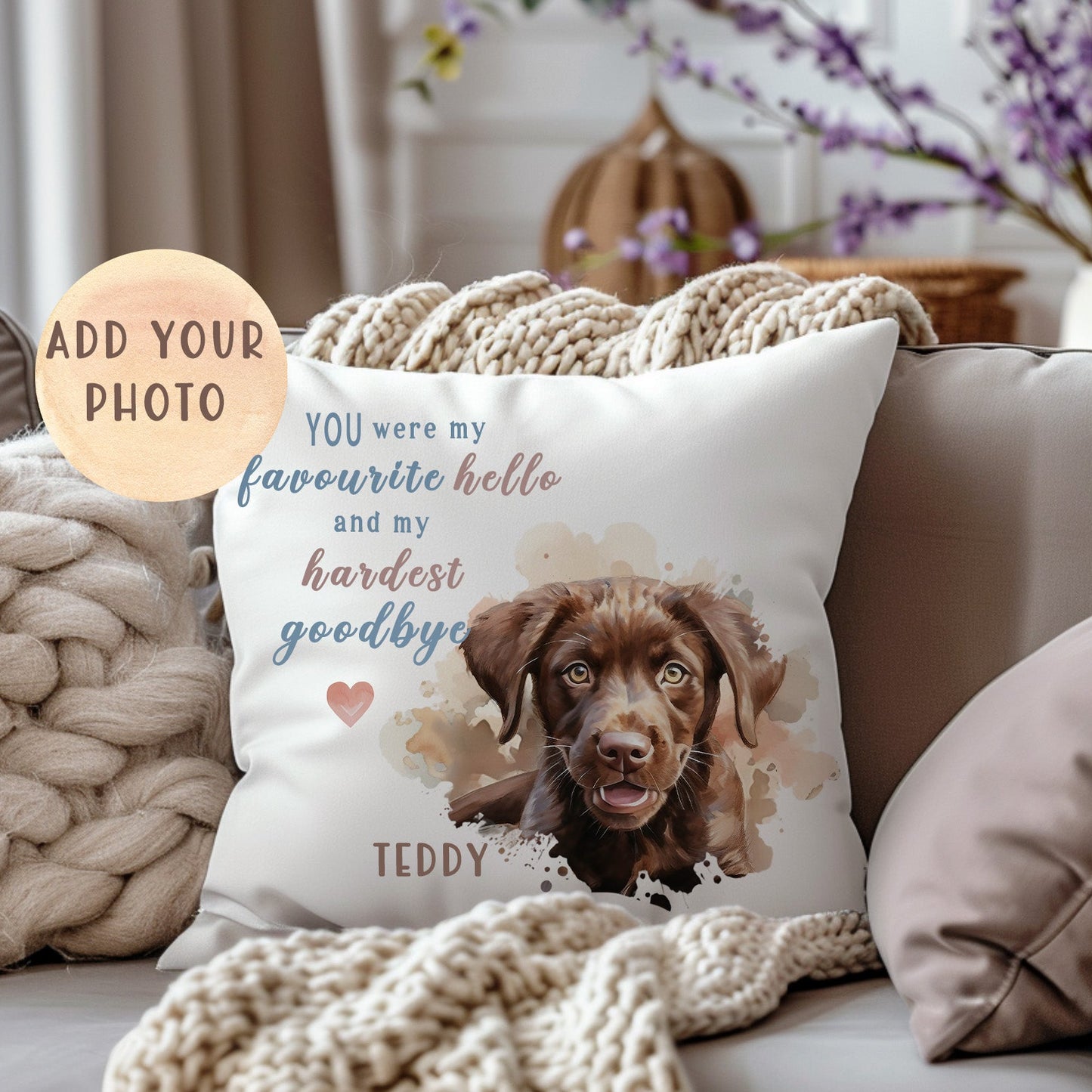 Personalised Pet Memorial Cushion & Photo Pillow - Custom Dog Portrait Remembrance Gift - Favourite Hello Hardest Goodbye