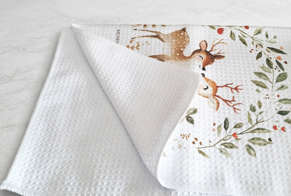 A white waffle-weave kitchen towel with a watercolor design of two deer and a leafy wreath, shown on a light gray marble surface.