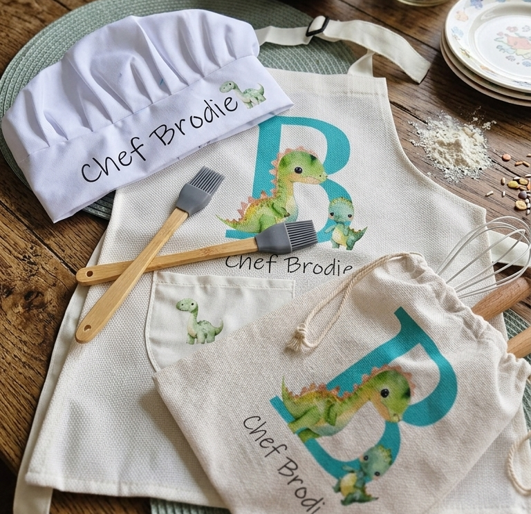 Personalized kids dinosaur baking set with custom name chef hat and apron on a wooden kitchen table with baking supplies.