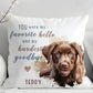 Pillow with a dog's face and personalized text on a white background
