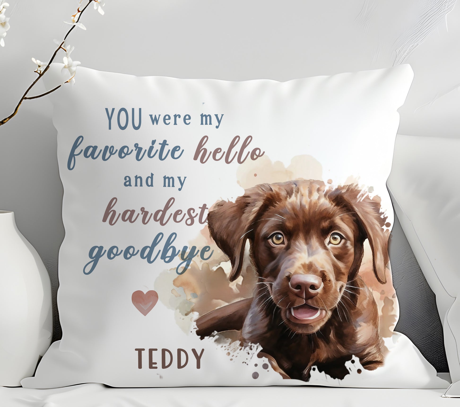 Pillow with a dog's face and personalized text on a white background