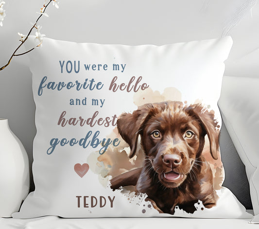 Pillow with a dog's face and personalized text on a white background