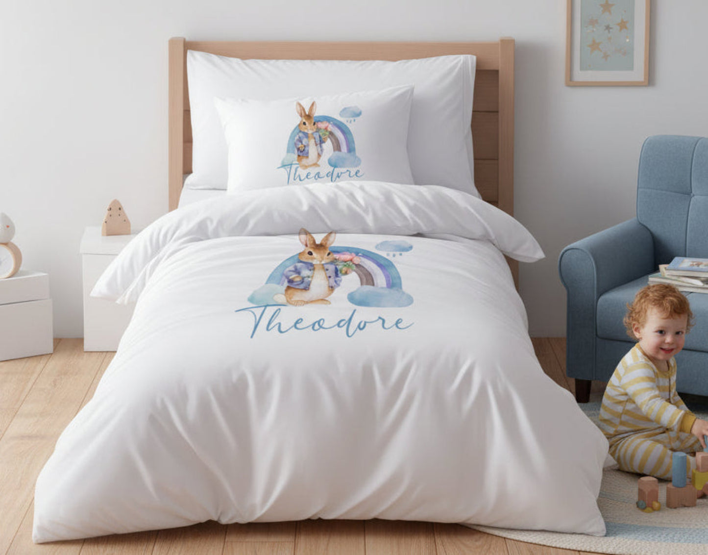 Blue Bunny Rainbow - Personalised Duvet Cover Set