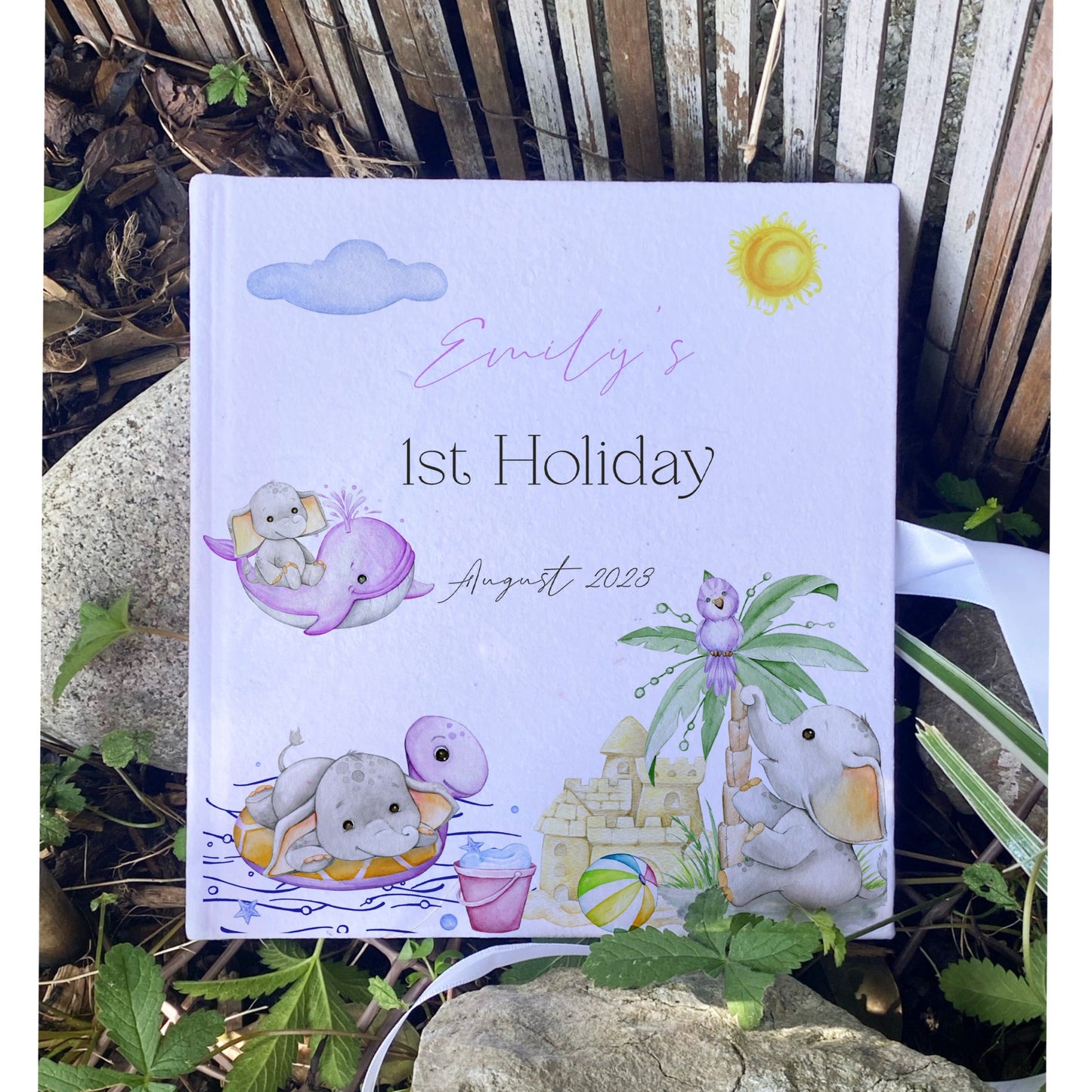 Personalised Cute First Holiday Elephant Print Memory Book with Ribbon