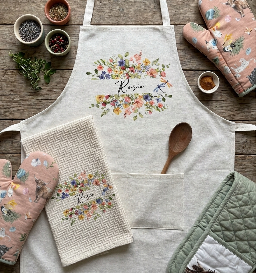 A styled flat-lay of a white kitchen apron with a floral 'Rosie' design, accompanied by matching floral oven mitts, a waffle-knit tea towel, and quilted oven mitts on a rustic wooden background.