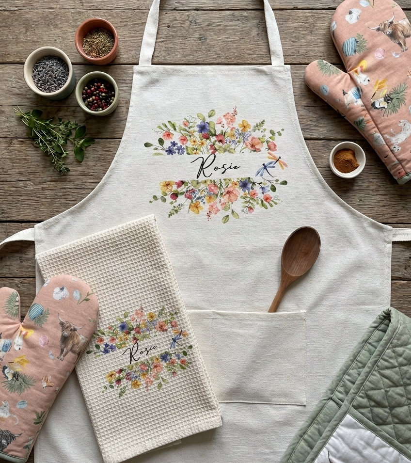 A styled flat-lay of a white kitchen apron with a floral 'Rosie' design, accompanied by matching floral oven mitts, a waffle-knit tea towel, and quilted oven mitts on a rustic wooden background.