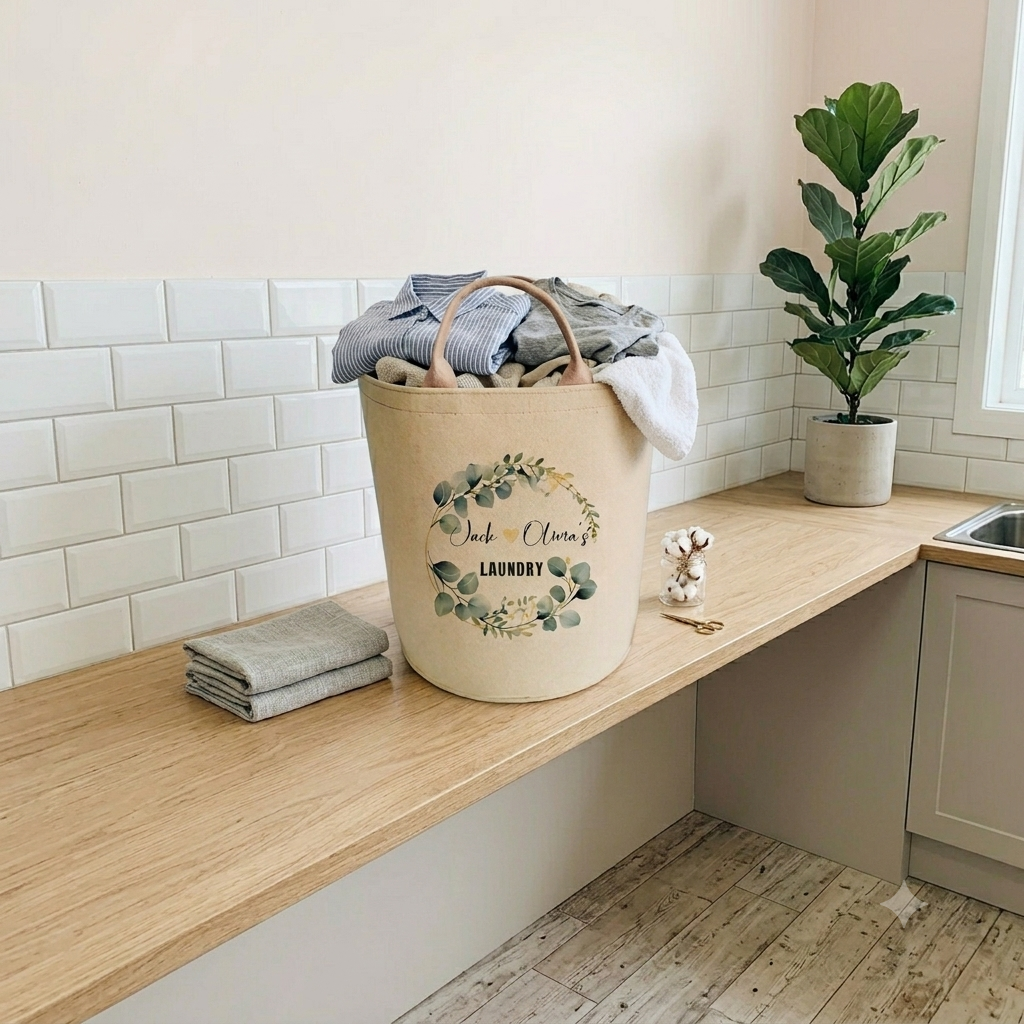 Personalised Laundry Basket with Handles, Custom Felt Washing Hamper, Eucalyptus Wreath Wedding Couple Gift, Newlywed Anniversary Gift