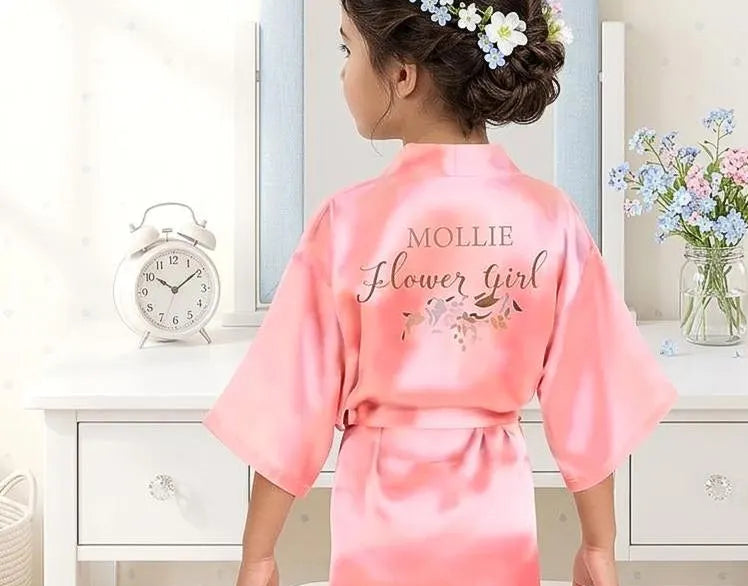 Personalised Flower Girl Satin Robe: Custom Wedding Morning Spa Gift