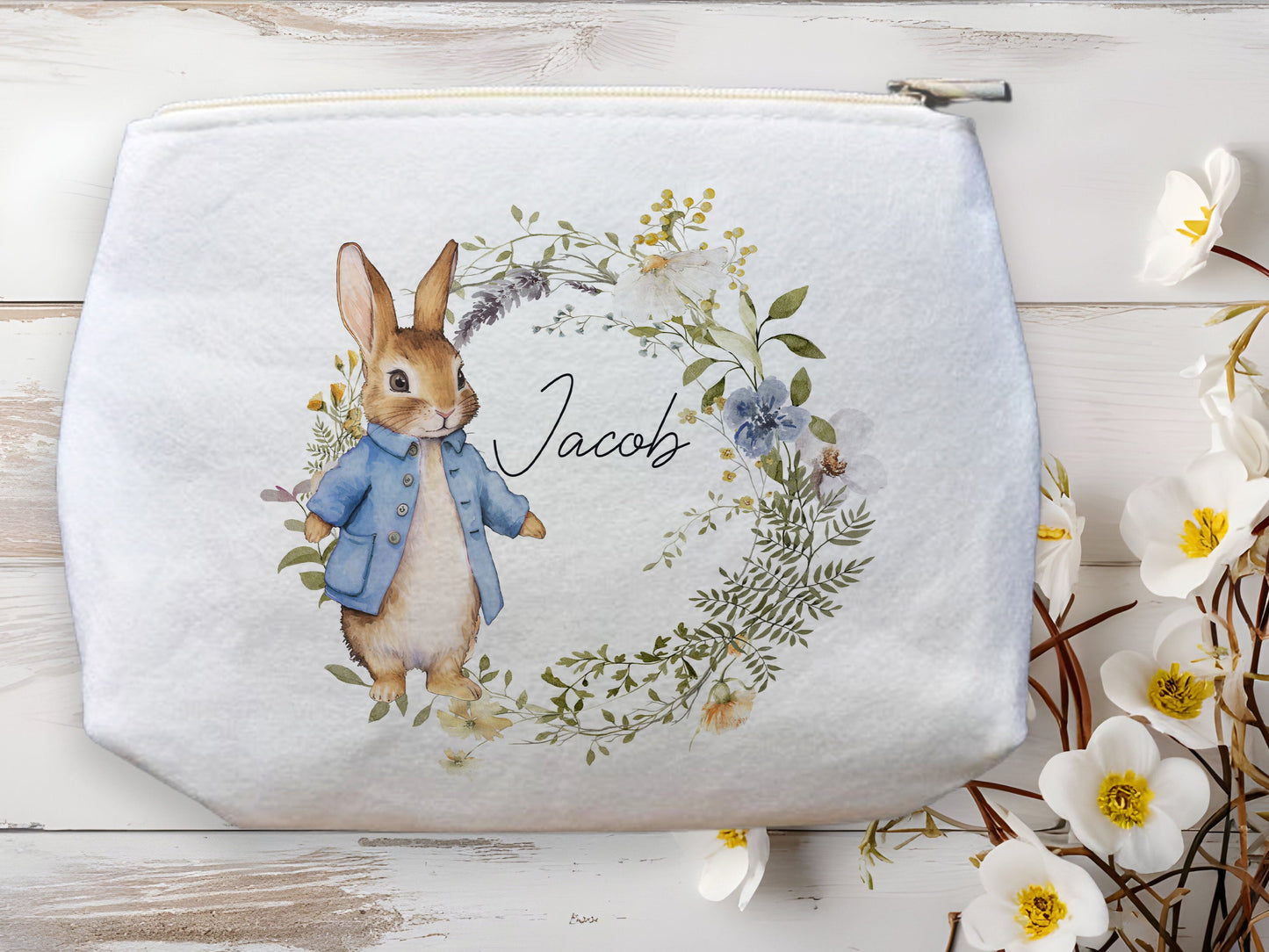 Blue Bunny Floral Wreath Makeup Bag