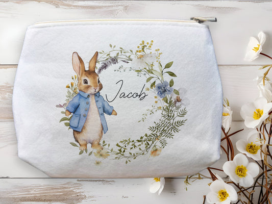 Blue Bunny Floral Wreath Makeup Bag