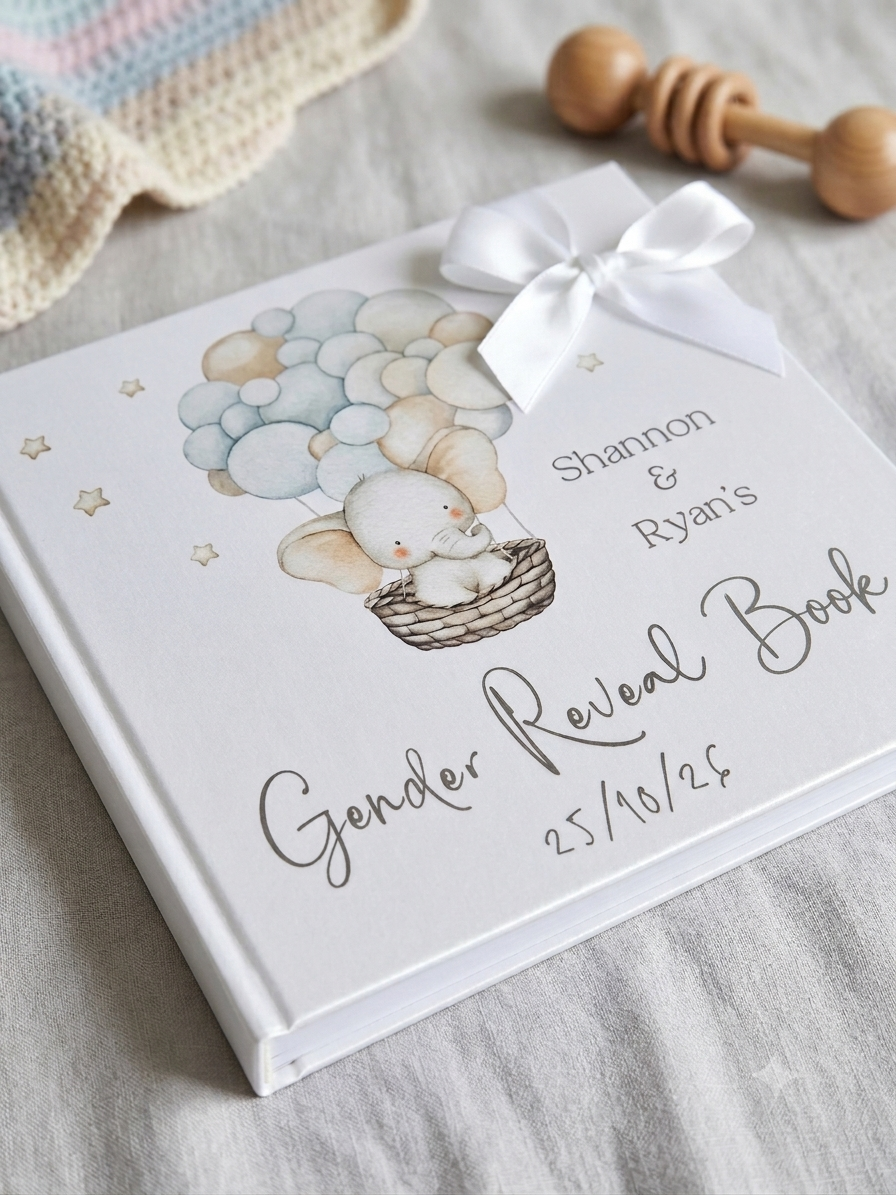 Elephant with Balloon Personalised gender Reveal Guestbook with Ribbon