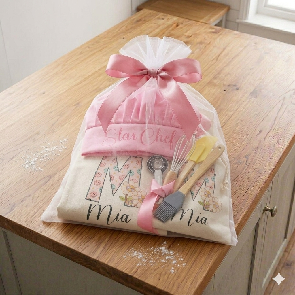 Floral Initial  - Personalised Kids Apron and Chef Hat Set, Custom Name Star Baker Utensils for Girls